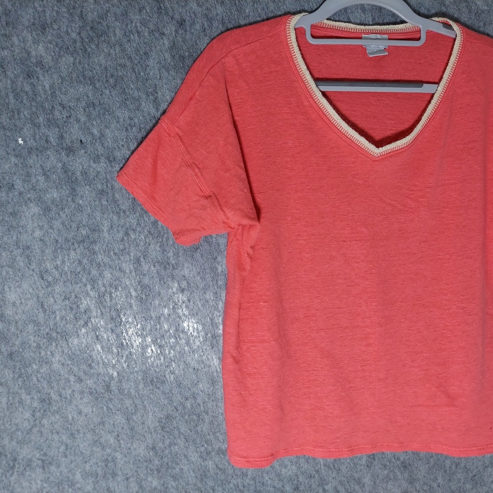 Chicos Women 100% Linen Top 1 M Pink Coastal MinimalistMetallic Trim Short Slve - Picture 2 of 9